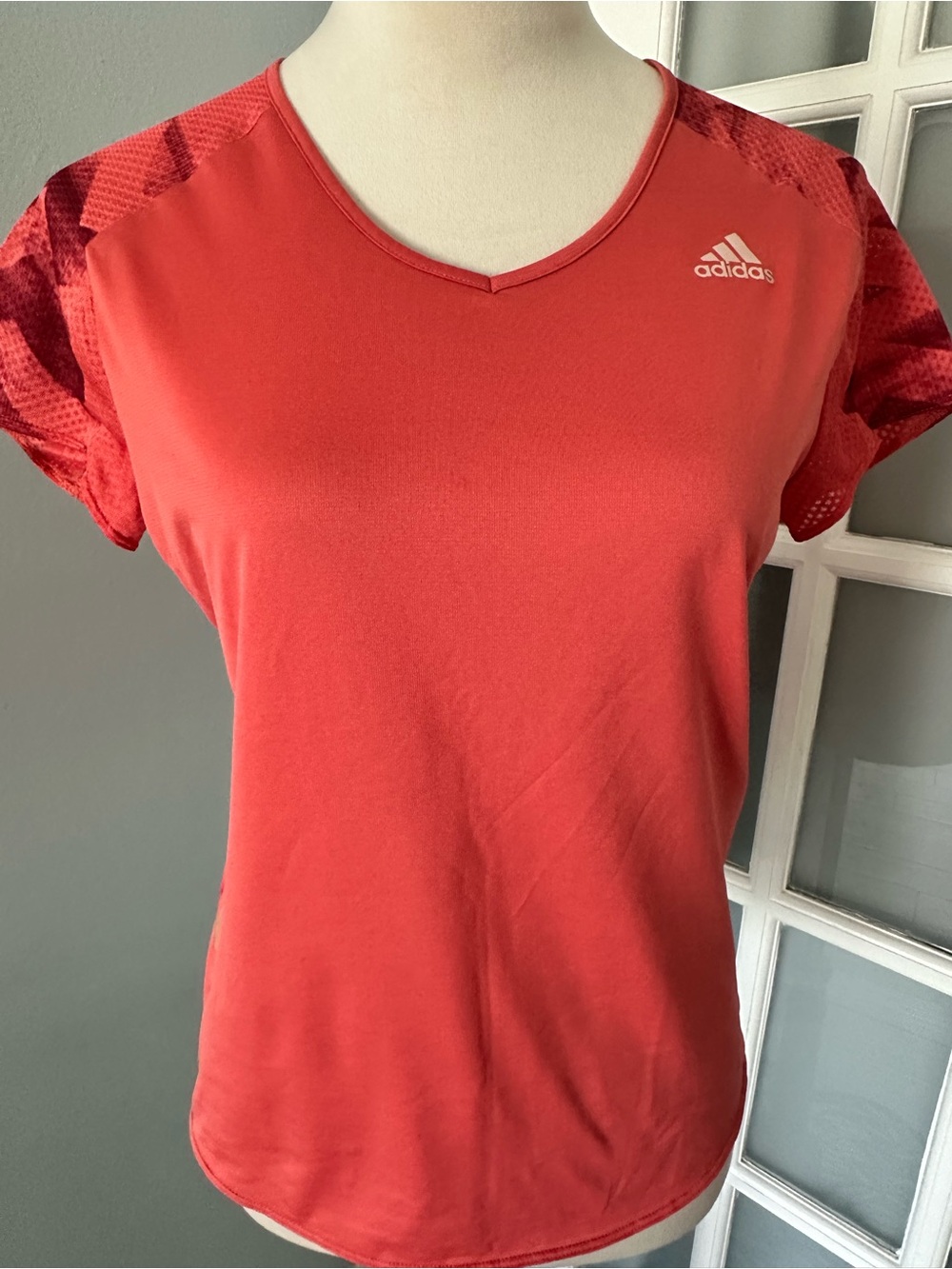 adidas Women’s Coral-Red V-Neck Short Sleeve Performance Tee